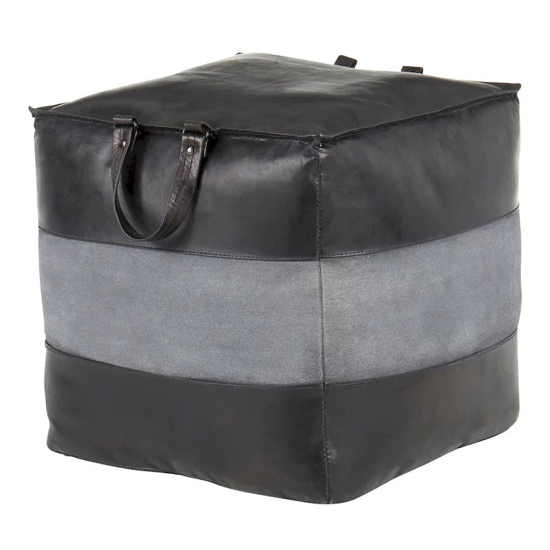 Pouf ottoman industriel en cuir et toile
