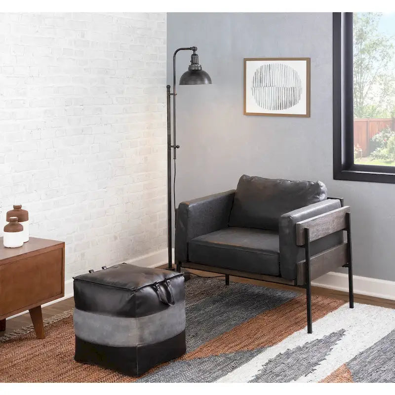 Pouf ottoman industriel en cuir et toile