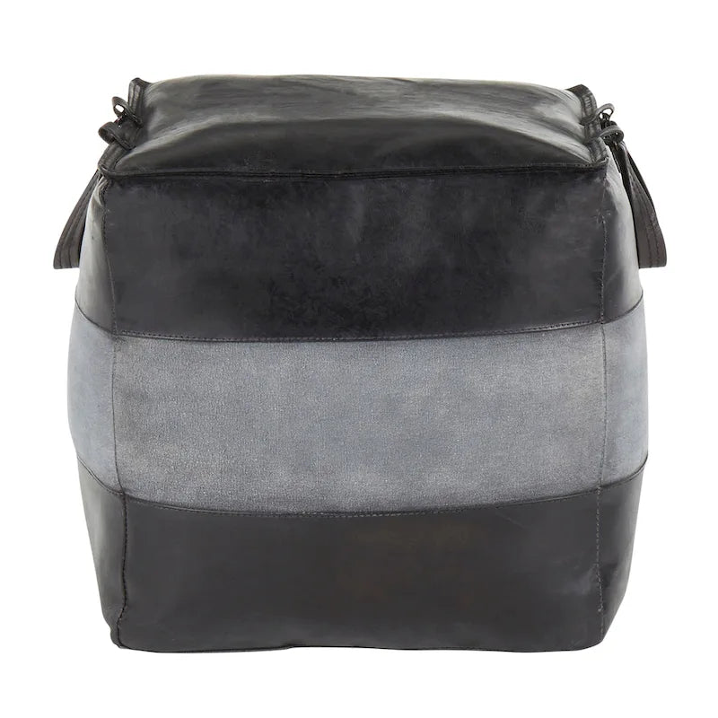 Pouf ottoman industriel en cuir et toile