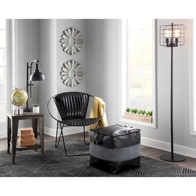 Pouf ottoman industriel en cuir et toile