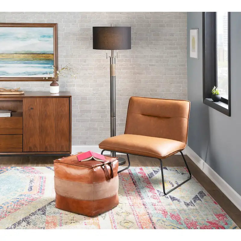 Pouf ottoman industriel en cuir et toile
