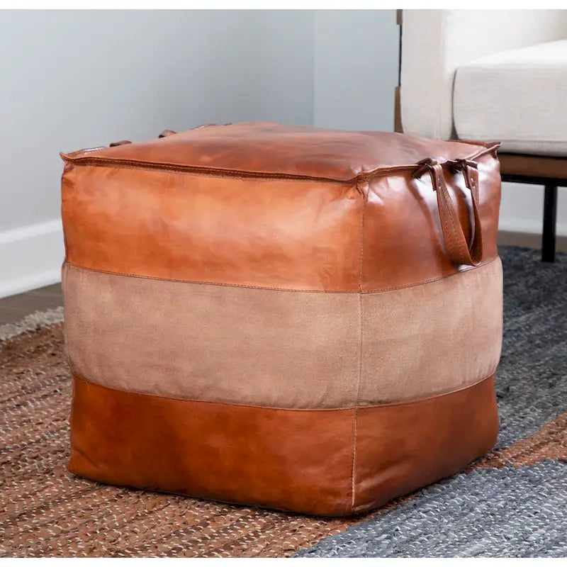 Pouf ottoman industriel en cuir et toile