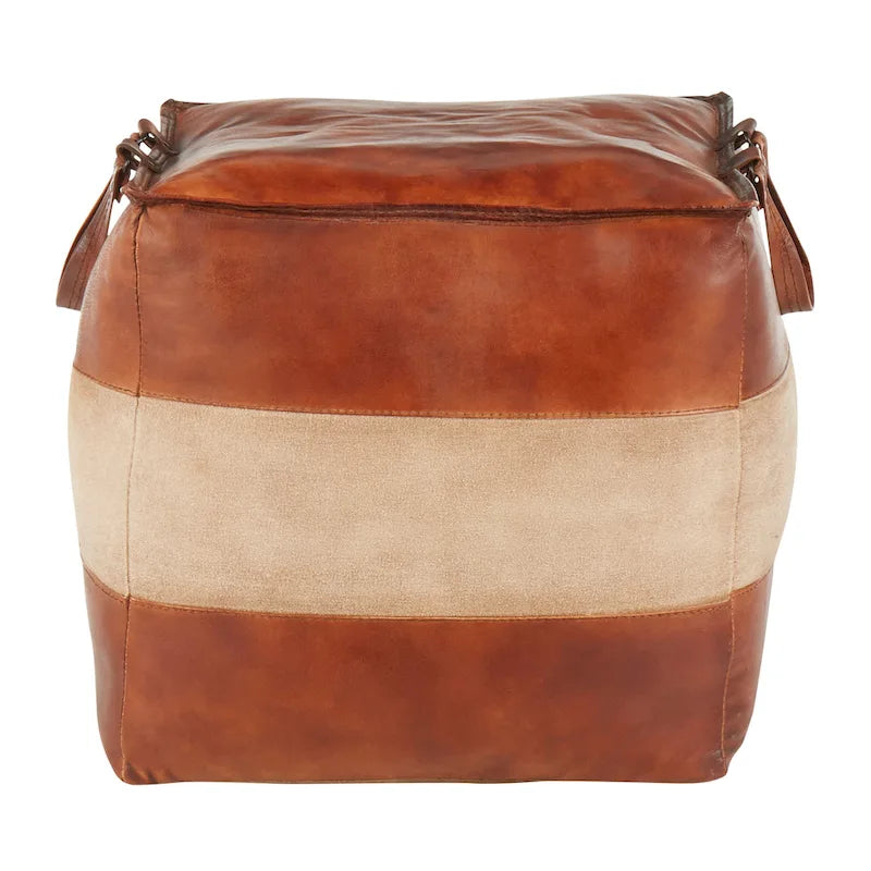 Pouf ottoman industriel en cuir et toile