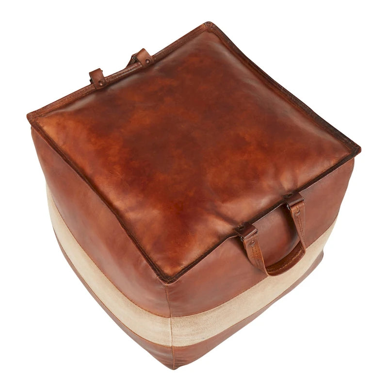 Pouf ottoman industriel en cuir et toile