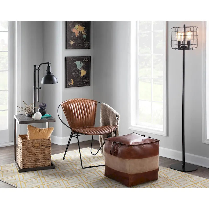 Pouf ottoman industriel en cuir et toile
