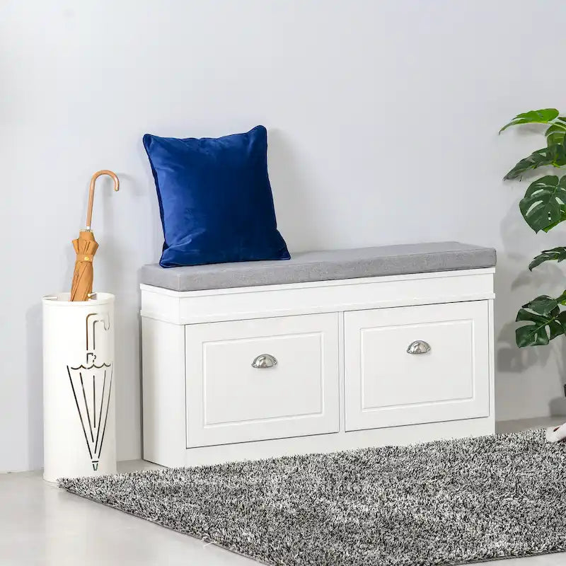 Banc range-chaussures pour entrée avec coussin 2 tiroirs étagère réglable, blanc - 41 x 9,5 x 21,75