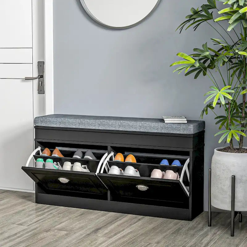 Banc range-chaussures pour entrée avec coussin 2 tiroirs étagère réglable, blanc - 41 x 9,5 x 21,75