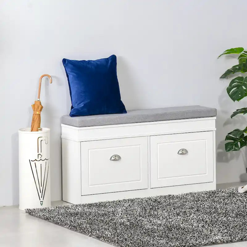 Banc range-chaussures pour entrée avec coussin 2 tiroirs étagère réglable, blanc - 41 x 9,5 x 21,75