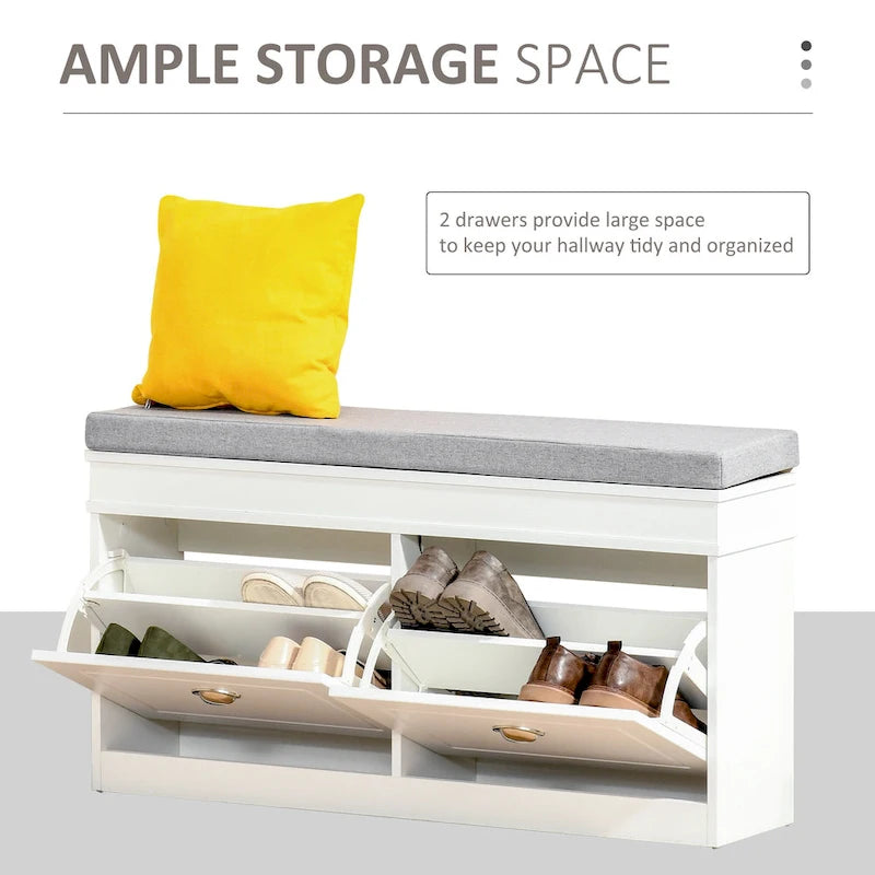 Banc range-chaussures pour entrée avec coussin 2 tiroirs étagère réglable, blanc - 41 x 9,5 x 21,75