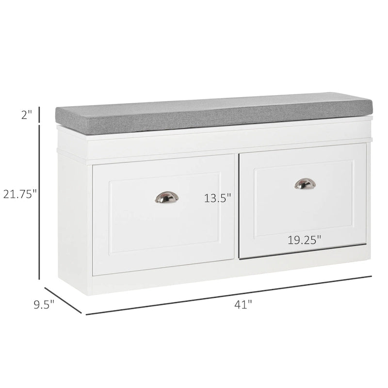 Banc range-chaussures pour entrée avec coussin 2 tiroirs étagère réglable, blanc - 41 x 9,5 x 21,75