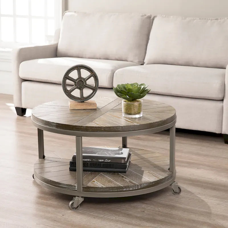 Table basse industrielle rustique ronde en bois avec étagère