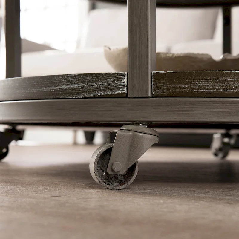 Table basse industrielle rustique ronde en bois avec étagère