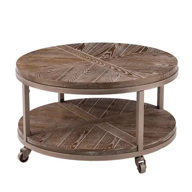 Table basse industrielle rustique ronde en bois avec étagère