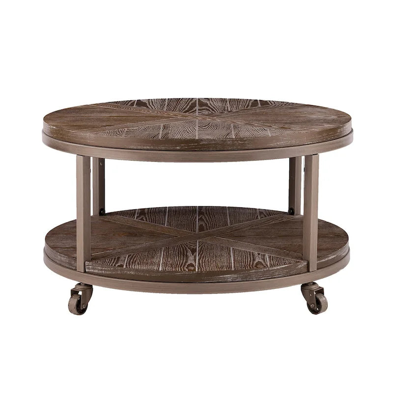 Table basse industrielle rustique ronde en bois avec étagère