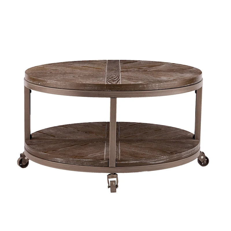 Table basse industrielle rustique ronde en bois avec étagère