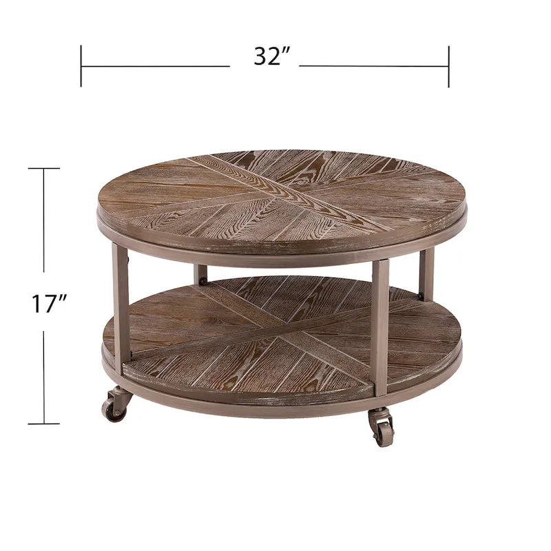 Table basse industrielle rustique ronde en bois avec étagère