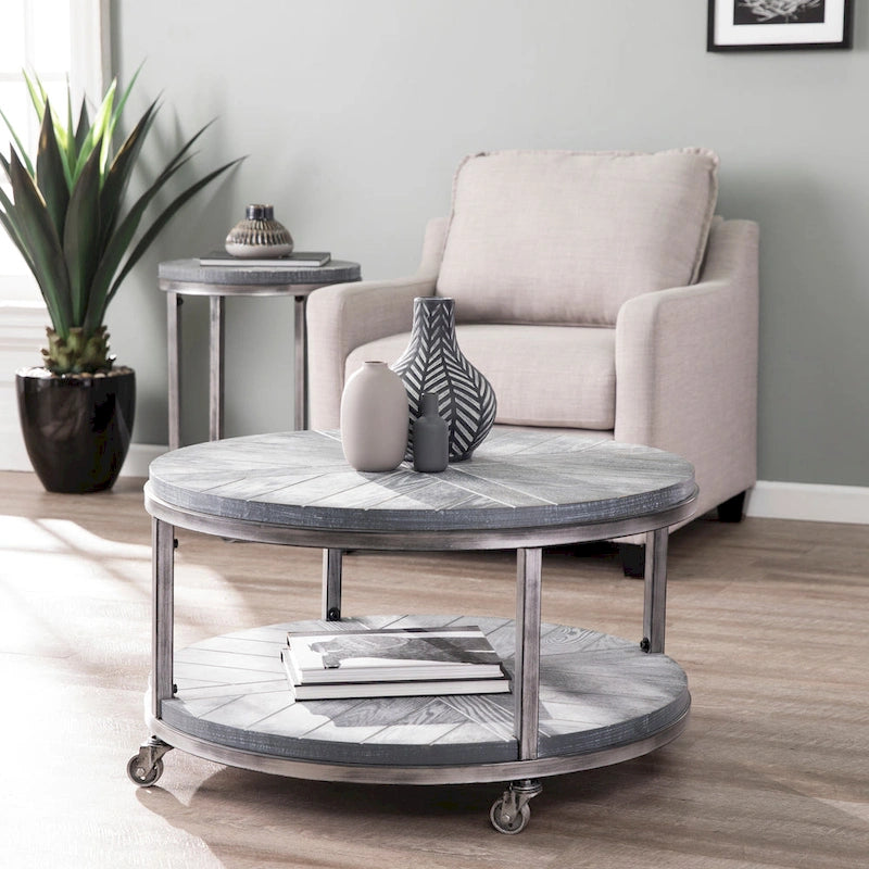 Table basse industrielle rustique ronde en bois avec étagère