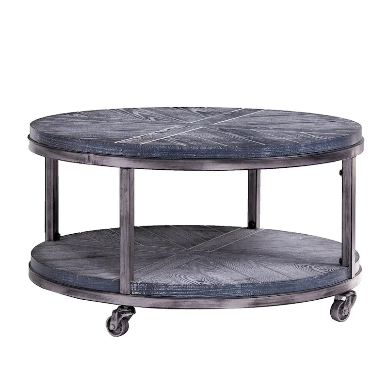 Table basse industrielle rustique ronde en bois avec étagère