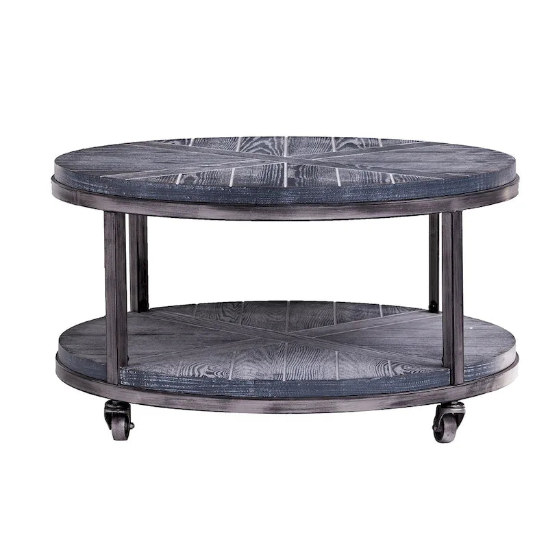 Table basse industrielle rustique ronde en bois avec étagère