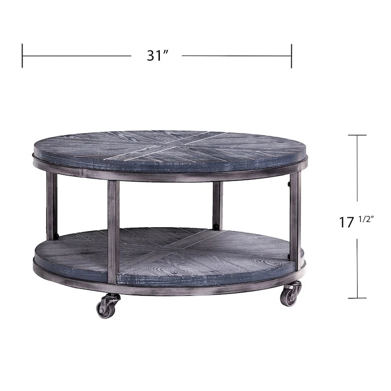 Table basse industrielle rustique ronde en bois avec étagère