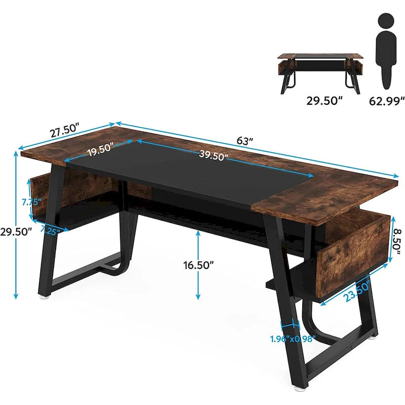 Bureau d'ordinateur exécutif 63 po : Étagère de rangement, poste de travail moderne et simple