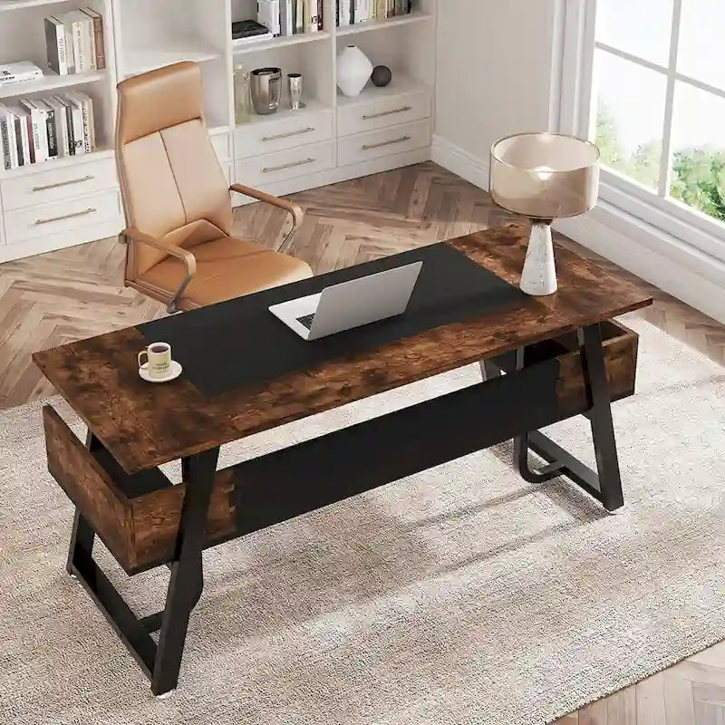 Bureau d'ordinateur exécutif 63 po : Étagère de rangement, poste de travail moderne et simple