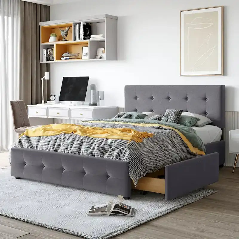 Lit Plateforme Queen Rembourré avec Tête de Lit Classique et 4 Tiroirs, Sommier Tapissier Non Requis, Tissu Lin