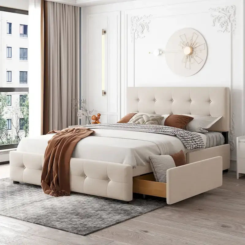 Lit Plateforme Queen Rembourré avec Tête de Lit Classique et 4 Tiroirs, Sommier Tapissier Non Requis, Tissu Lin