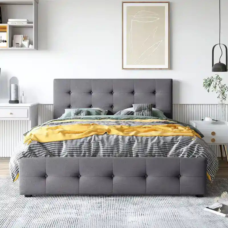 Lit Plateforme Queen Rembourré avec Tête de Lit Classique et 4 Tiroirs, Sommier Tapissier Non Requis, Tissu Lin
