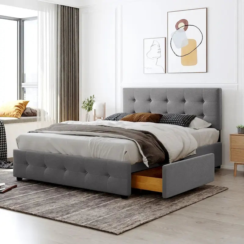 Lit Plateforme Queen Rembourré avec Tête de Lit Classique et 4 Tiroirs, Sommier Tapissier Non Requis, Tissu Lin