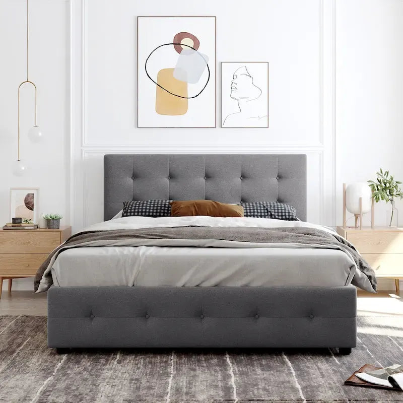 Lit Plateforme Queen Rembourré avec Tête de Lit Classique et 4 Tiroirs, Sommier Tapissier Non Requis, Tissu Lin