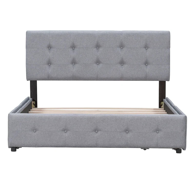 Lit Plateforme Queen Rembourré avec Tête de Lit Classique et 4 Tiroirs, Sommier Tapissier Non Requis, Tissu Lin