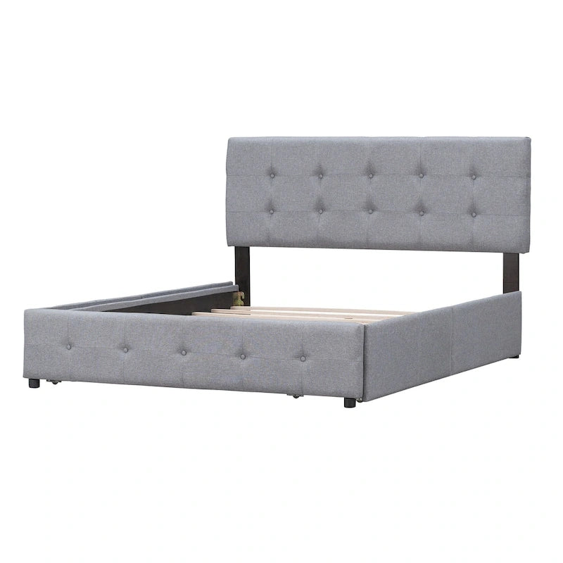 Lit Plateforme Queen Rembourré avec Tête de Lit Classique et 4 Tiroirs, Sommier Tapissier Non Requis, Tissu Lin
