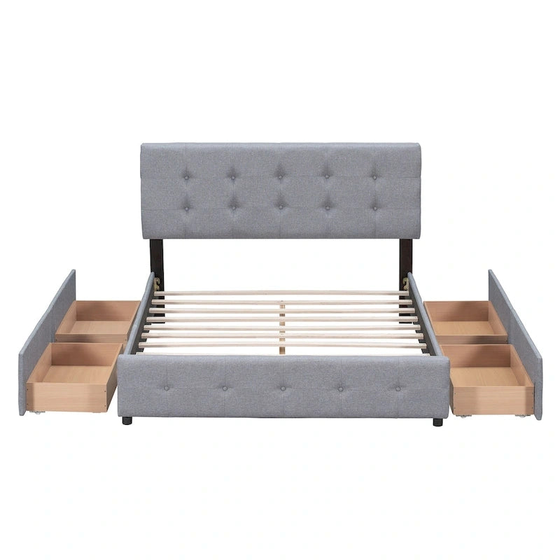 Lit Plateforme Queen Rembourré avec Tête de Lit Classique et 4 Tiroirs, Sommier Tapissier Non Requis, Tissu Lin