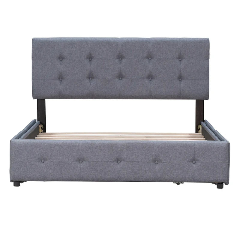 Lit Plateforme Queen Rembourré avec Tête de Lit Classique et 4 Tiroirs, Sommier Tapissier Non Requis, Tissu Lin