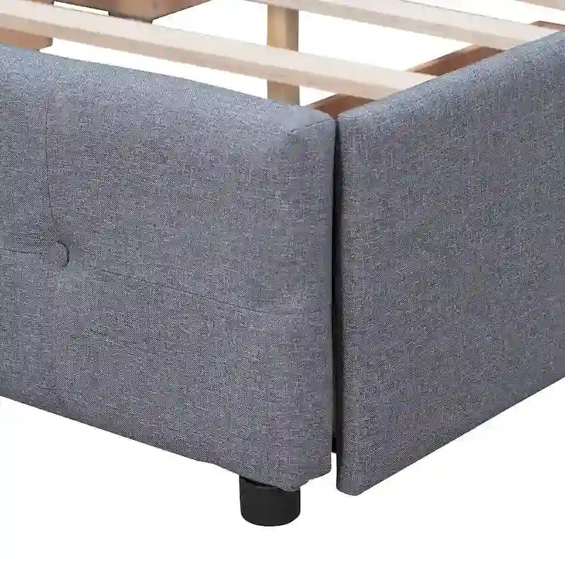 Lit Plateforme Queen Rembourré avec Tête de Lit Classique et 4 Tiroirs, Sommier Tapissier Non Requis, Tissu Lin