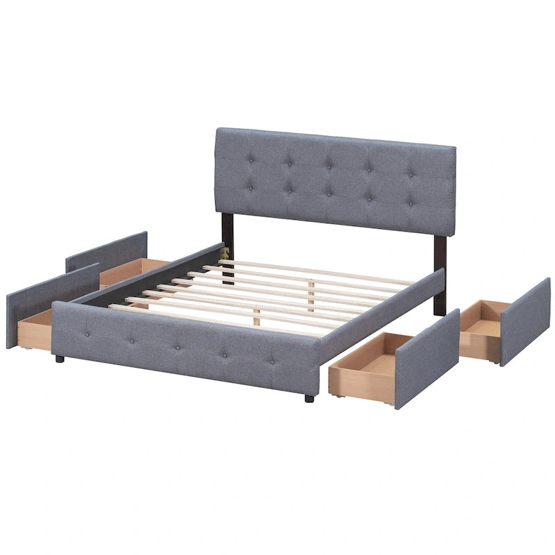 Lit Plateforme Queen Rembourré avec Tête de Lit Classique et 4 Tiroirs, Sommier Tapissier Non Requis, Tissu Lin