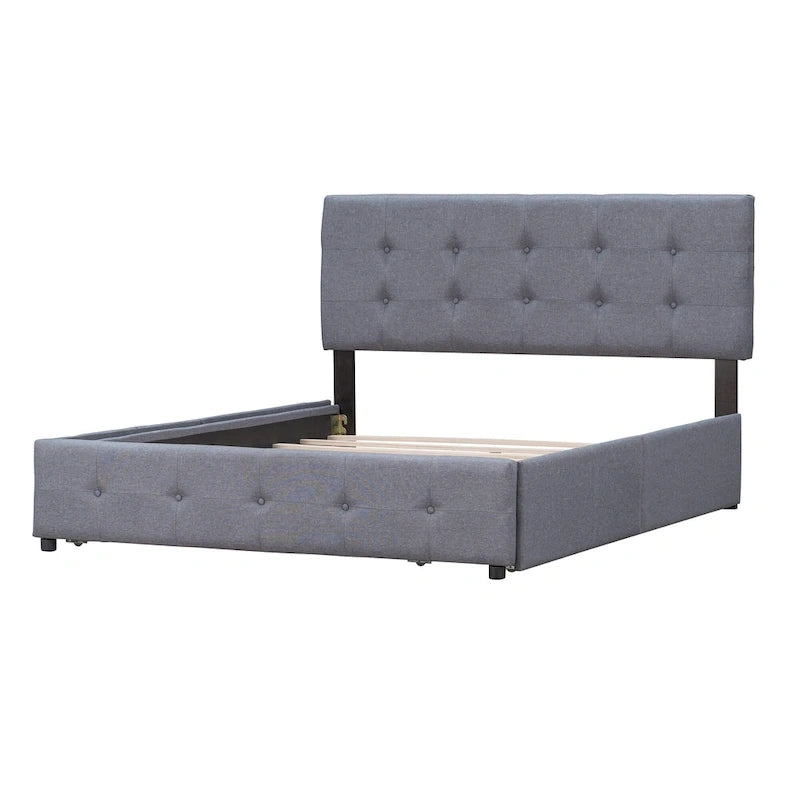 Lit Plateforme Queen Rembourré avec Tête de Lit Classique et 4 Tiroirs, Sommier Tapissier Non Requis, Tissu Lin