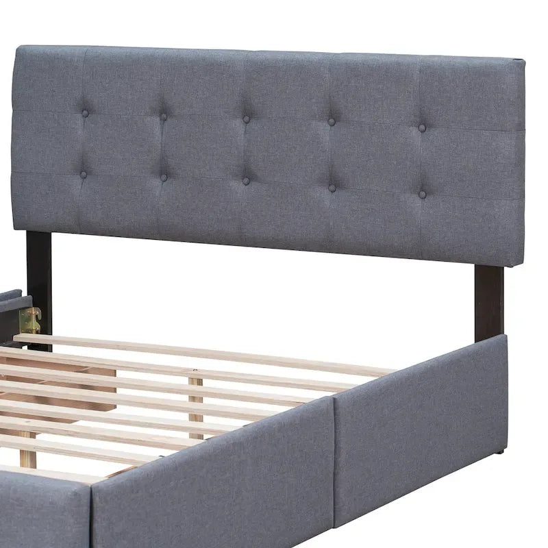 Lit Plateforme Queen Rembourré avec Tête de Lit Classique et 4 Tiroirs, Sommier Tapissier Non Requis, Tissu Lin