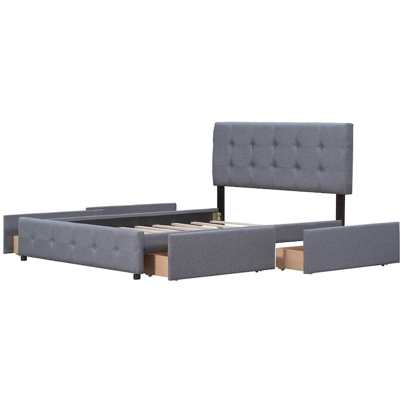 Lit Plateforme Queen Rembourré avec Tête de Lit Classique et 4 Tiroirs, Sommier Tapissier Non Requis, Tissu Lin