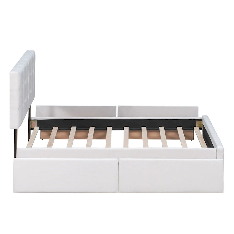 Lit Plateforme Queen Rembourré avec Tête de Lit Classique et 4 Tiroirs, Sommier Tapissier Non Requis, Tissu Lin