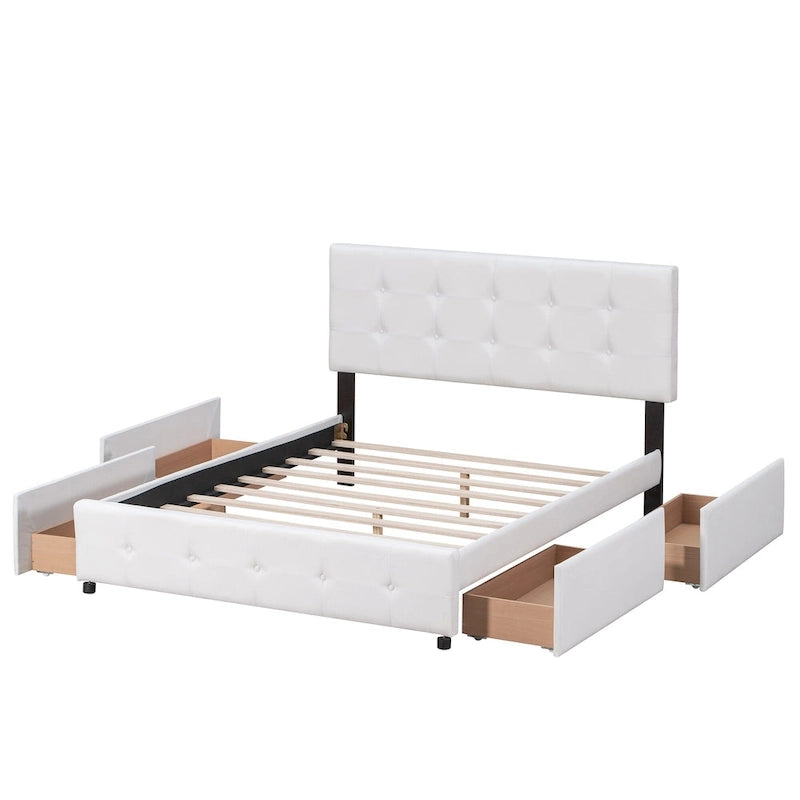 Lit Plateforme Queen Rembourré avec Tête de Lit Classique et 4 Tiroirs, Sommier Tapissier Non Requis, Tissu Lin