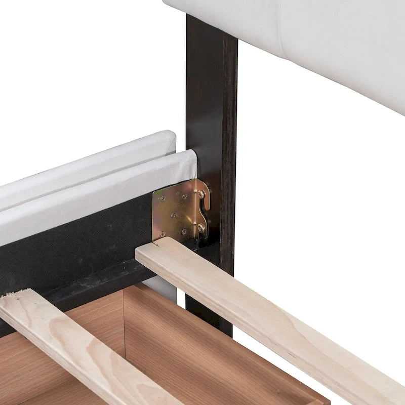 Lit Plateforme Queen Rembourré avec Tête de Lit Classique et 4 Tiroirs, Sommier Tapissier Non Requis, Tissu Lin