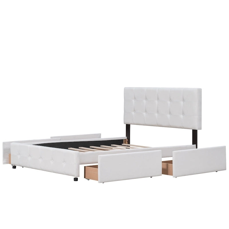 Lit Plateforme Queen Rembourré avec Tête de Lit Classique et 4 Tiroirs, Sommier Tapissier Non Requis, Tissu Lin