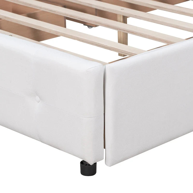 Lit Plateforme Queen Rembourré avec Tête de Lit Classique et 4 Tiroirs, Sommier Tapissier Non Requis, Tissu Lin