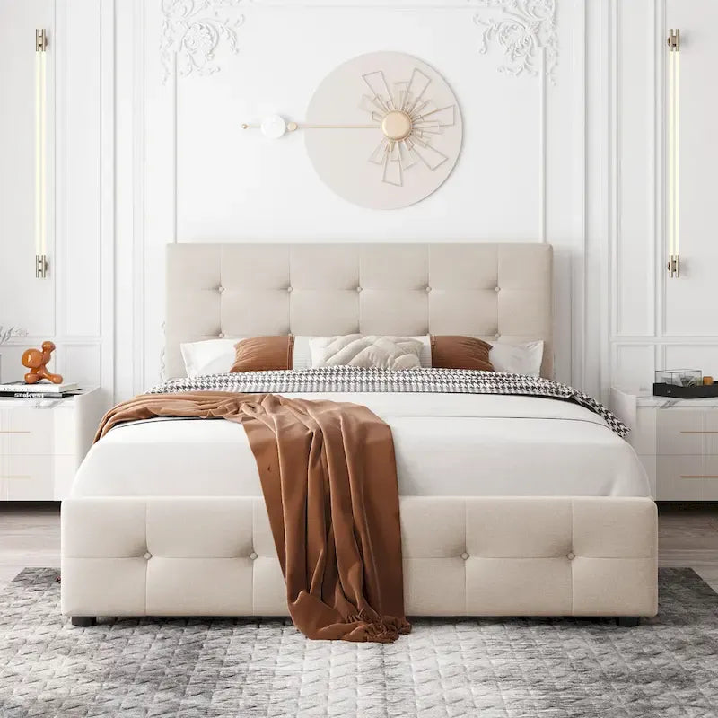 Lit Plateforme Queen Rembourré avec Tête de Lit Classique et 4 Tiroirs, Sommier Tapissier Non Requis, Tissu Lin