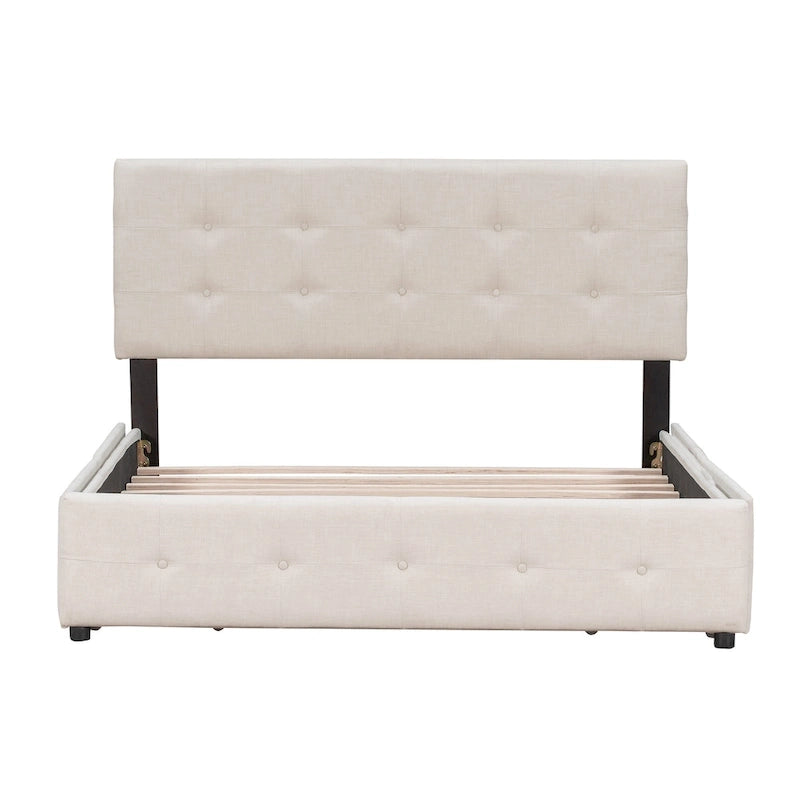 Lit Plateforme Queen Rembourré avec Tête de Lit Classique et 4 Tiroirs, Sommier Tapissier Non Requis, Tissu Lin