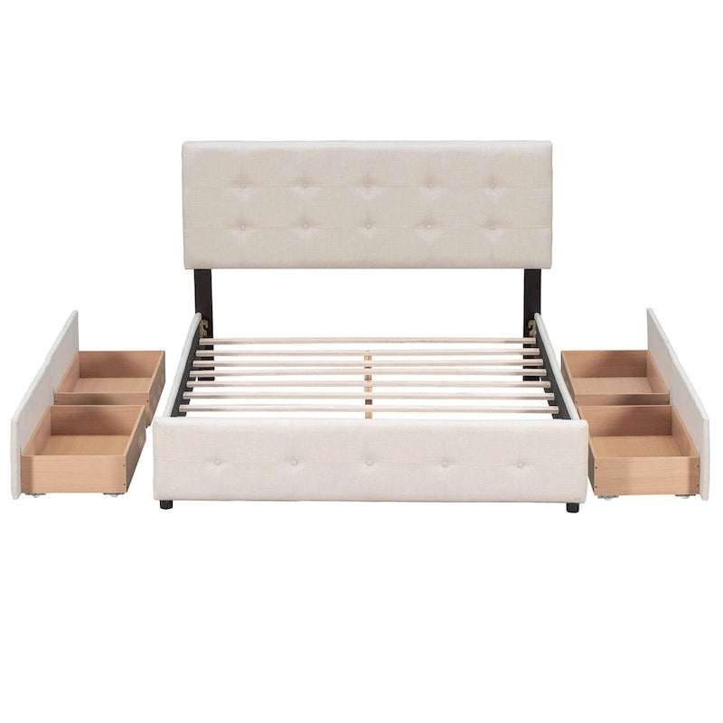 Lit Plateforme Queen Rembourré avec Tête de Lit Classique et 4 Tiroirs, Sommier Tapissier Non Requis, Tissu Lin