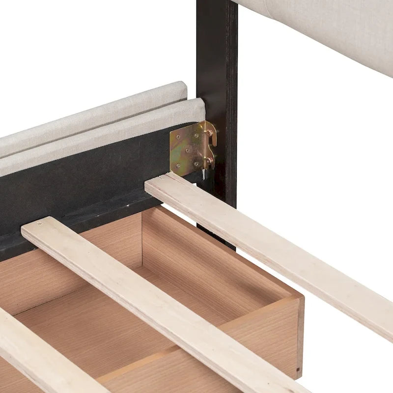 Lit Plateforme Queen Rembourré avec Tête de Lit Classique et 4 Tiroirs, Sommier Tapissier Non Requis, Tissu Lin