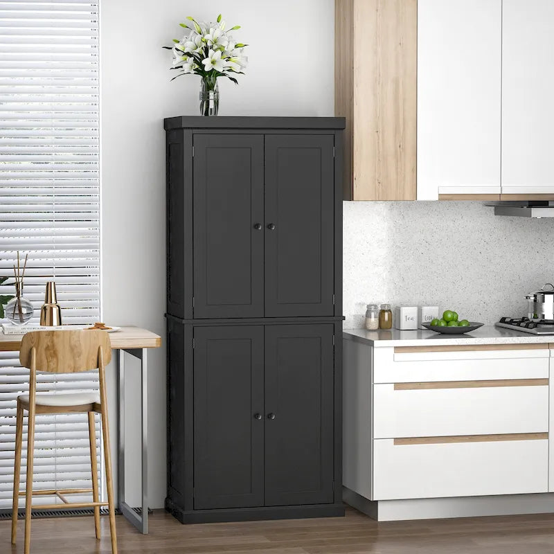 Garde-manger de cuisine moderne autoportant à 4 portes, organisateur de placard de rangement avec 6 étagères à niveaux et 4 étagères réglables